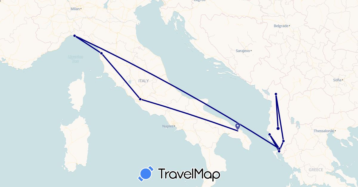 TravelMap itinerary: driving in Albania, Italy (Europe)