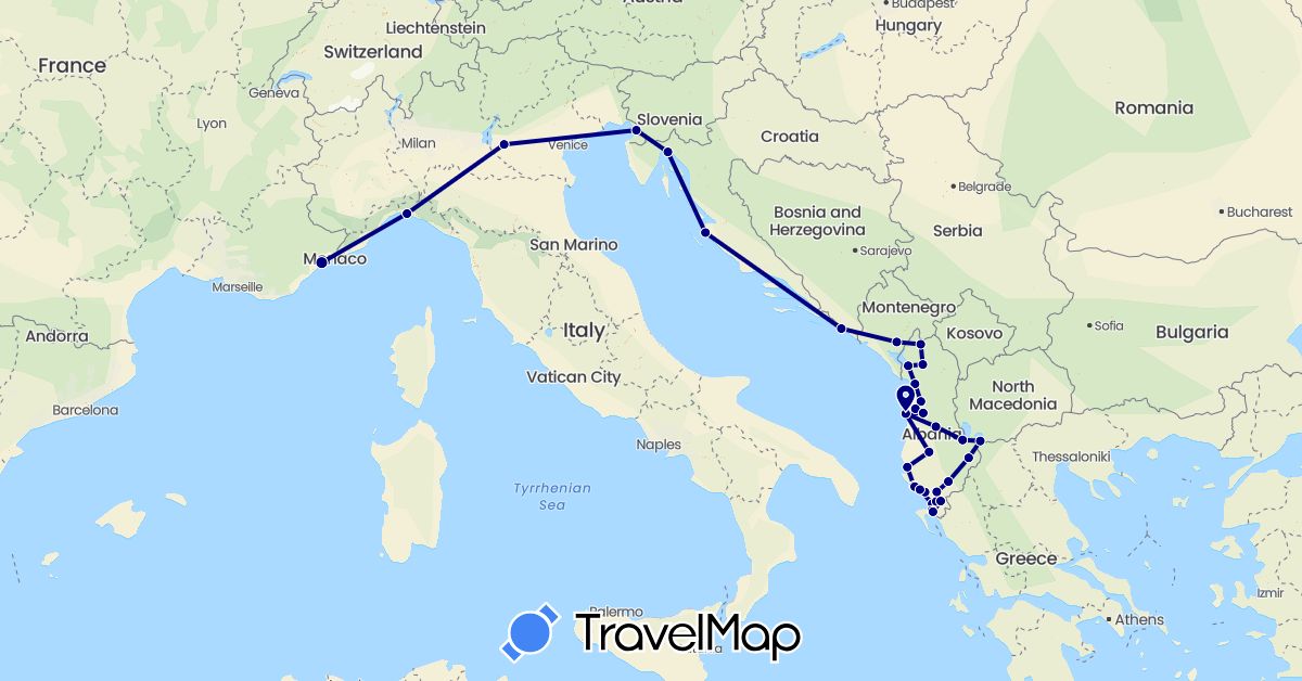 TravelMap itinerary: driving in Albania, France, Croatia, Italy, Montenegro (Europe)